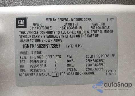 2008 Chevrolet Tahoe Lt from USA, damaged, VIN 1GNFK13028R172857